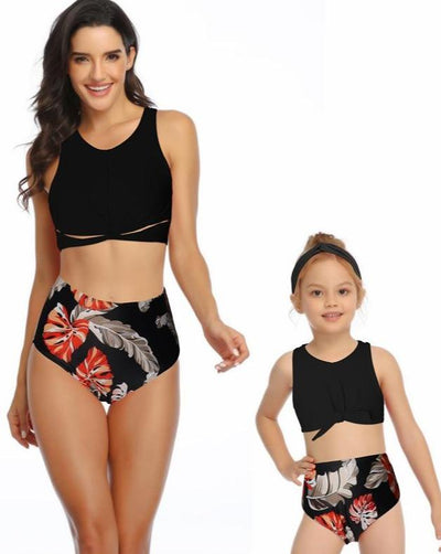 2020 New Arriving High Waist Sexy Midriff Floral Print Parent-child Bikini Swimsuit S-XL