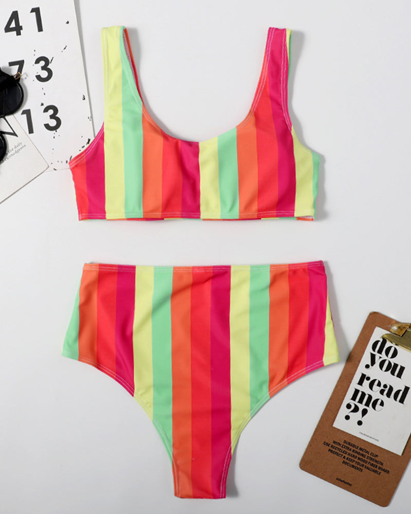 Sexy Stripe High Waist Two-piece Swimsuit Yellow Green Navy Blue Orange S-XL YY10017