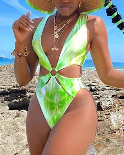 Tie Dye One Piece Swimsuit 2021 New Monokini Backless Swim Suit Bathing Suit Beach V Neck Swimwear Women Bodysuit