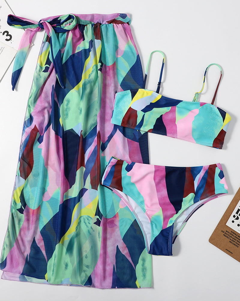 Fashion Printed Women Sexy Colorblock Three-piece Swimsuit Yellow Red Green Light Purple Pink Blue Orange S-XL YY10015