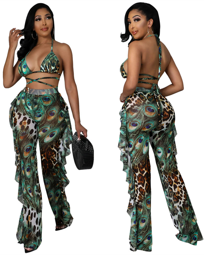 Green Leopard Printed Three Piece Beach Swimwear Set S-XL