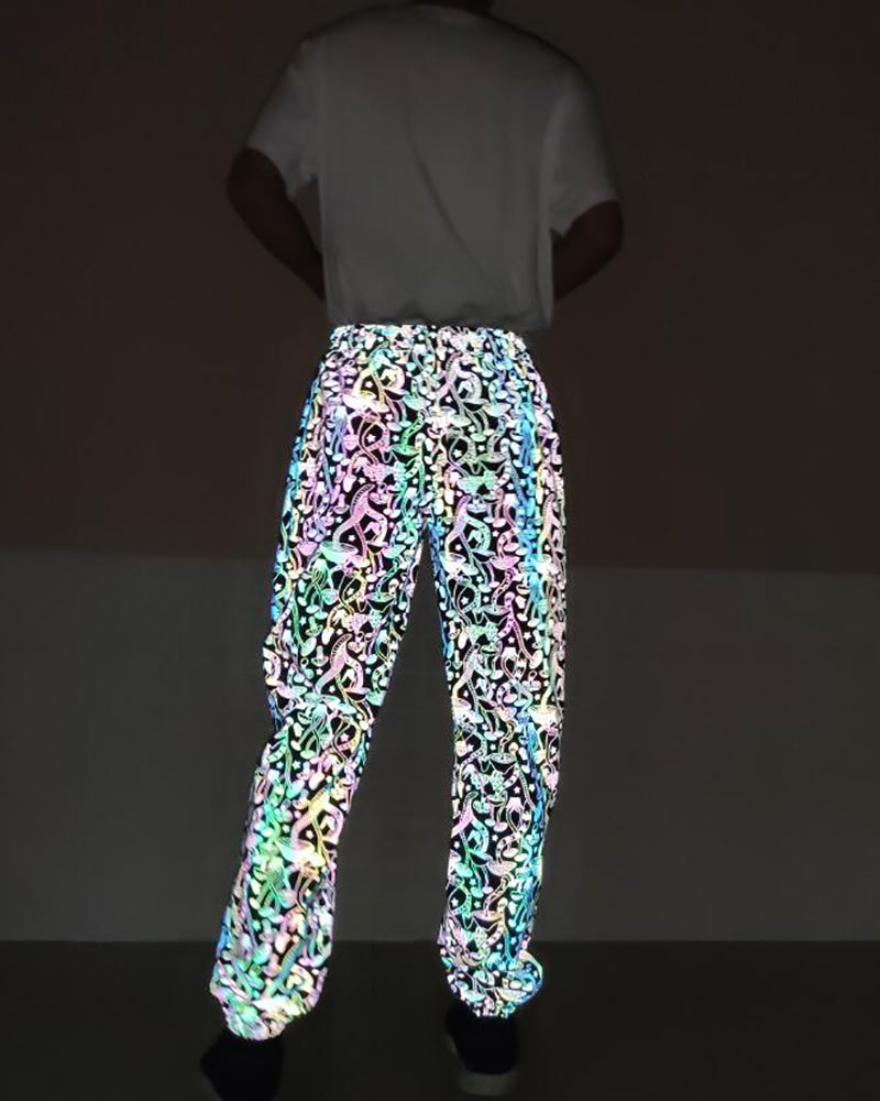 Ladies Fashion Cartoon Mushroom Print Color Reflective Pants Men&