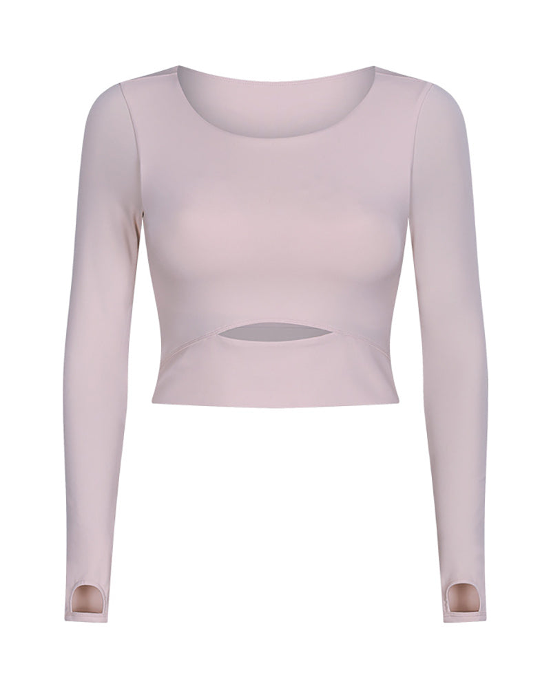 Autumn Women O-neck Solid Color Long Sleeve Running Crop Tpp Yoga Tops 4-12