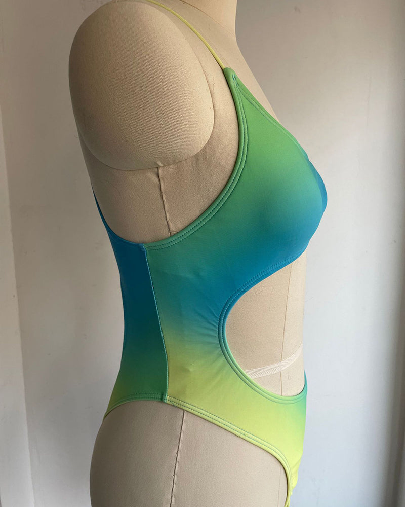 2022 Gradient Hollow Out One Shoulder High Cut Lady Plus Size One-piece Swimsuit Yellow Green Purple Blue S-4XL