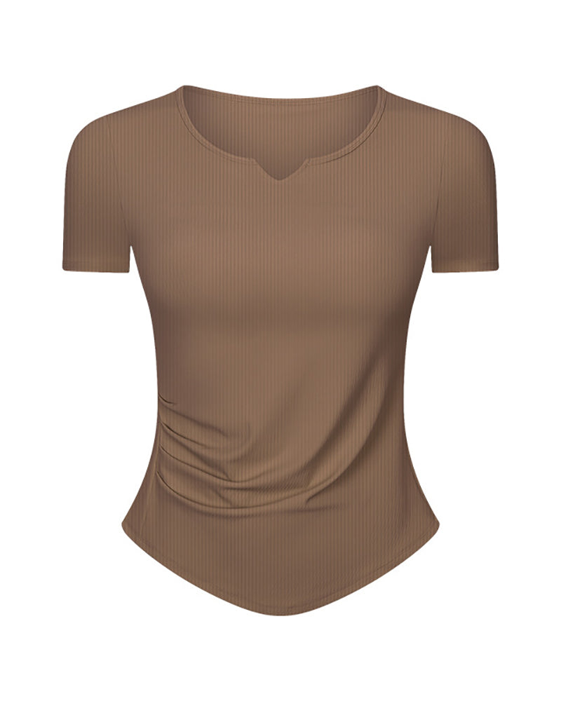 Women V-Neck Ruched Solid Color Short Sleeve Slim Yoga Tops 4-12