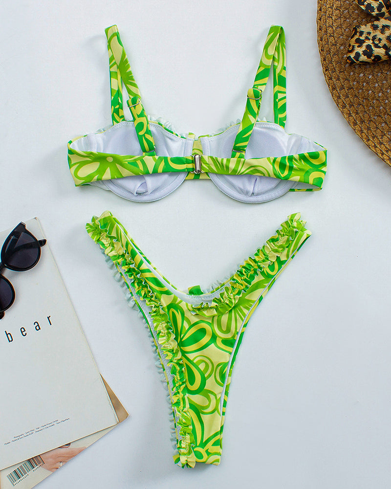 Florals Sexy Women High Cut Two-piece Swimsuit Pink Green Blue White Yellow S-L