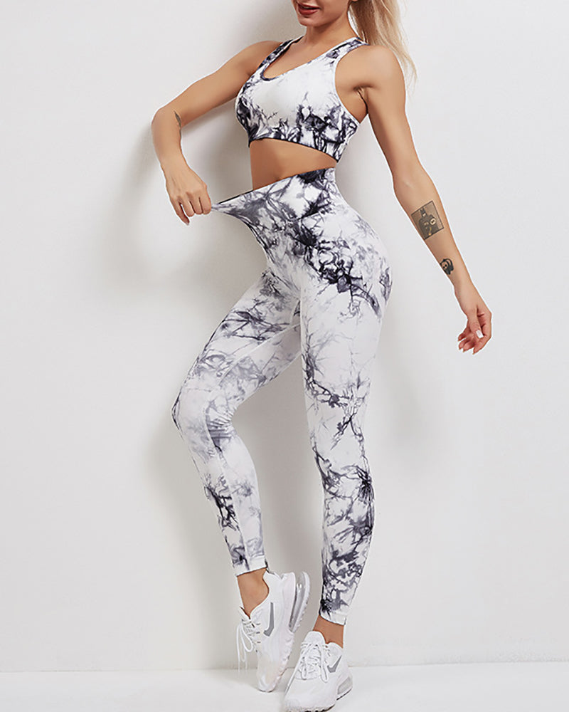 Tie-dye Stretch Suit New Knitted Fitness Tousers Two-Piece Yoga Suit S-L