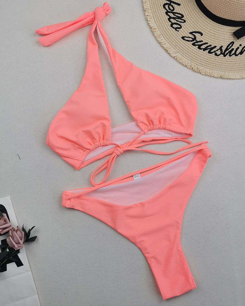 Ladies Fashion New Swimsuit Solid Color Sexy Two Piece Bikini Swimwear S-XL