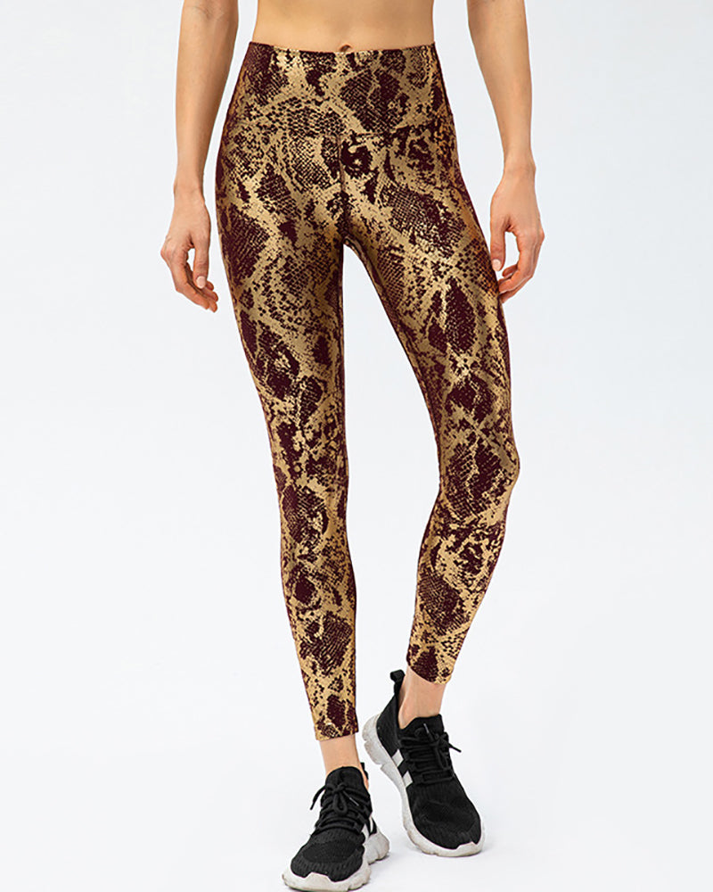 Snake Printed High Waist Sports Leggings Black White Blue Brown S-2XL