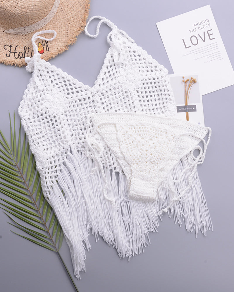 Casual Women Lady Knit Crochet Tassel Sexy Beach Bustier Crop Top Hollow Out Tank Top Women Clothes New Fashion OM25946