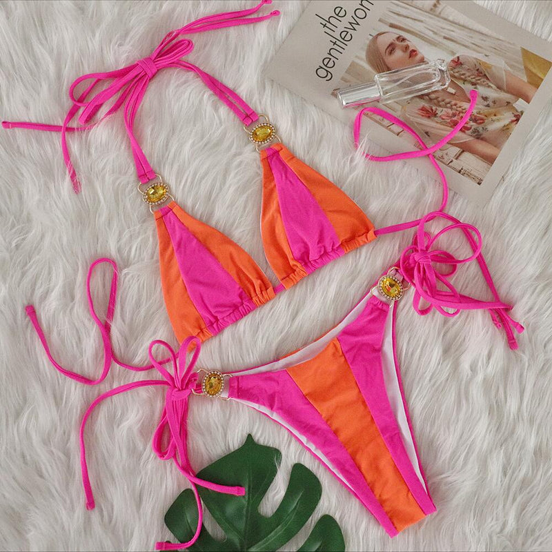 Colorblock Women Crystal Stone Bikini S-L