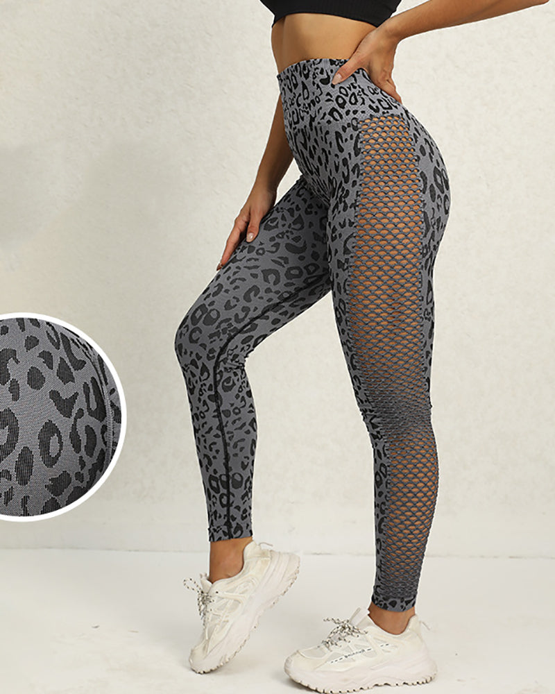 Popular Women Hollow Out Breathable Leopard Printed Running Sports Pants Gray Deep Gray S-L