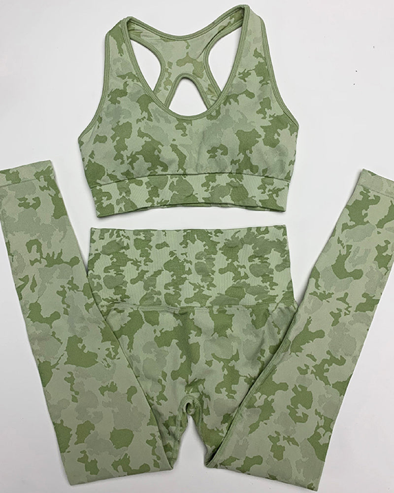 New Popular Seamless Camo Printed Sports Bra Pants Sets Yoga Two-piece Set Pink Green Brown Gray S-L