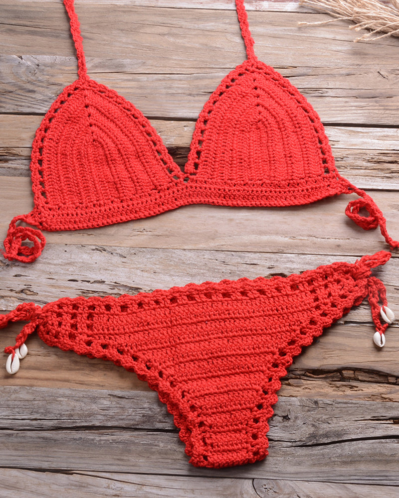 Solid Crochet Bikini Top Summer Shell Sexy Swimsuit Handmade Women Swimwear Suit Boho Beach Wear Knitted Thong Short Bottom OM25963