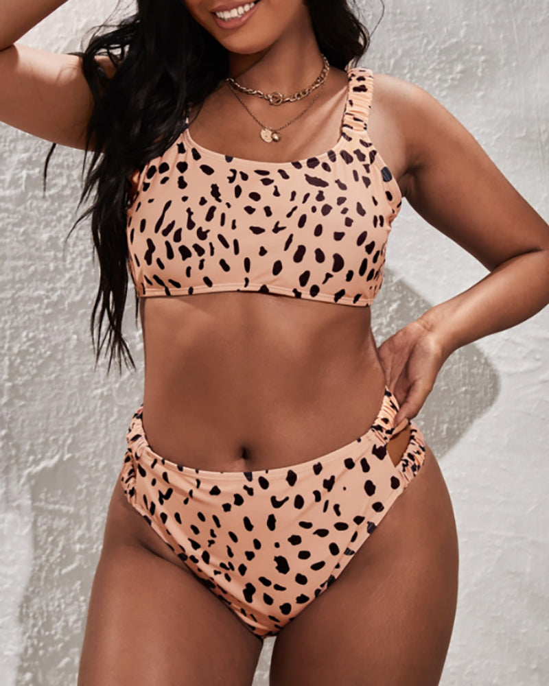 Newest Women Leopard O-neck High Waist Two-piece Plus Size Swimwear XL-4XL