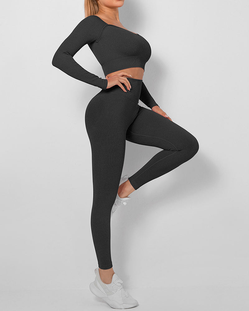 Yoga Seamless Fitness Wear Long Sleeve Sports Suits Two-piece Sets S-L Pants Sets