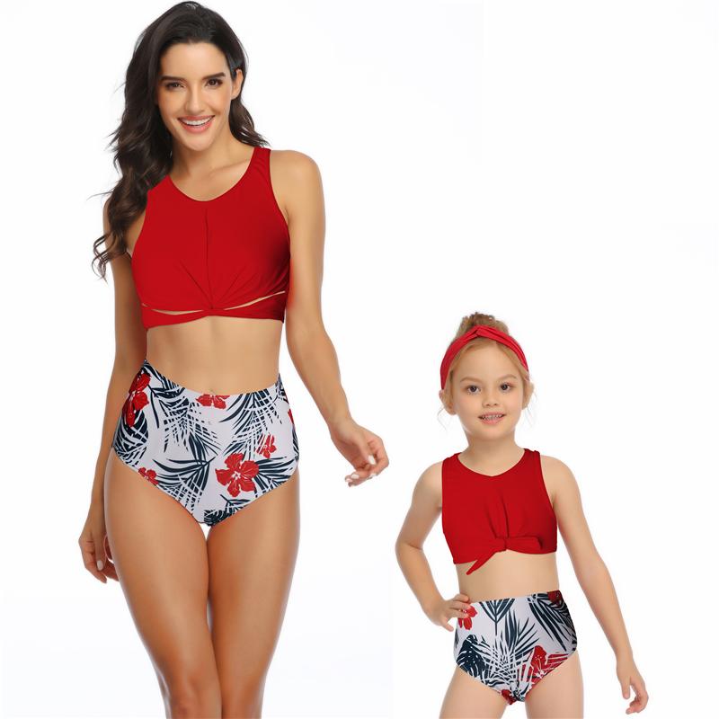 New Arriving High Waist Sexy Midriff Floral Print Parent-child Bikini Swimsuit S-XL OM20679