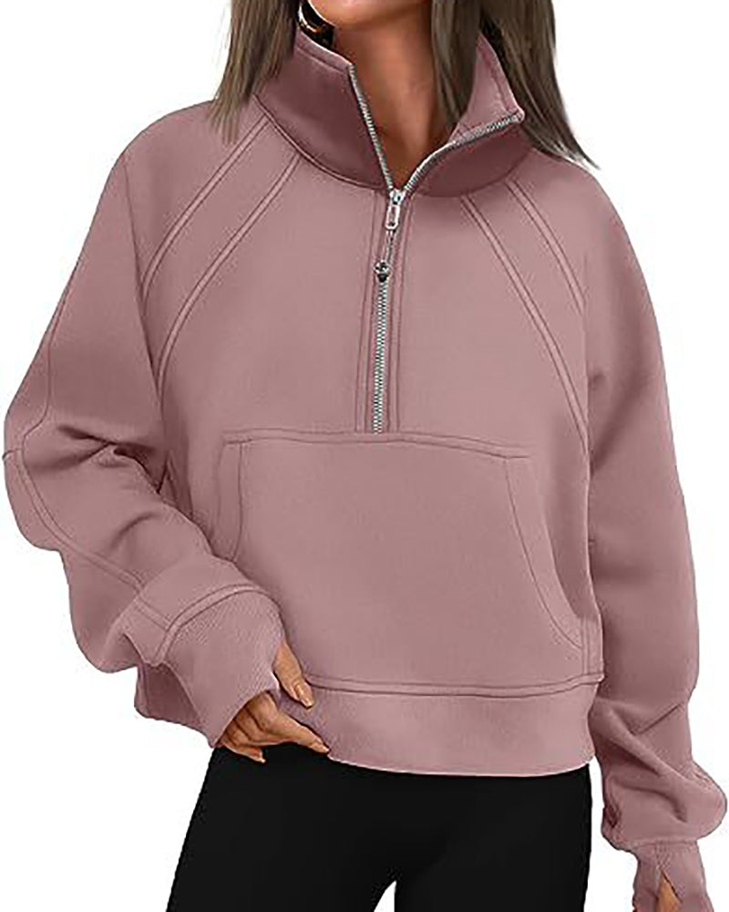 Half Zipper Long Sleeve Pocket Sweater Stand Neck Pullover Top S-XL