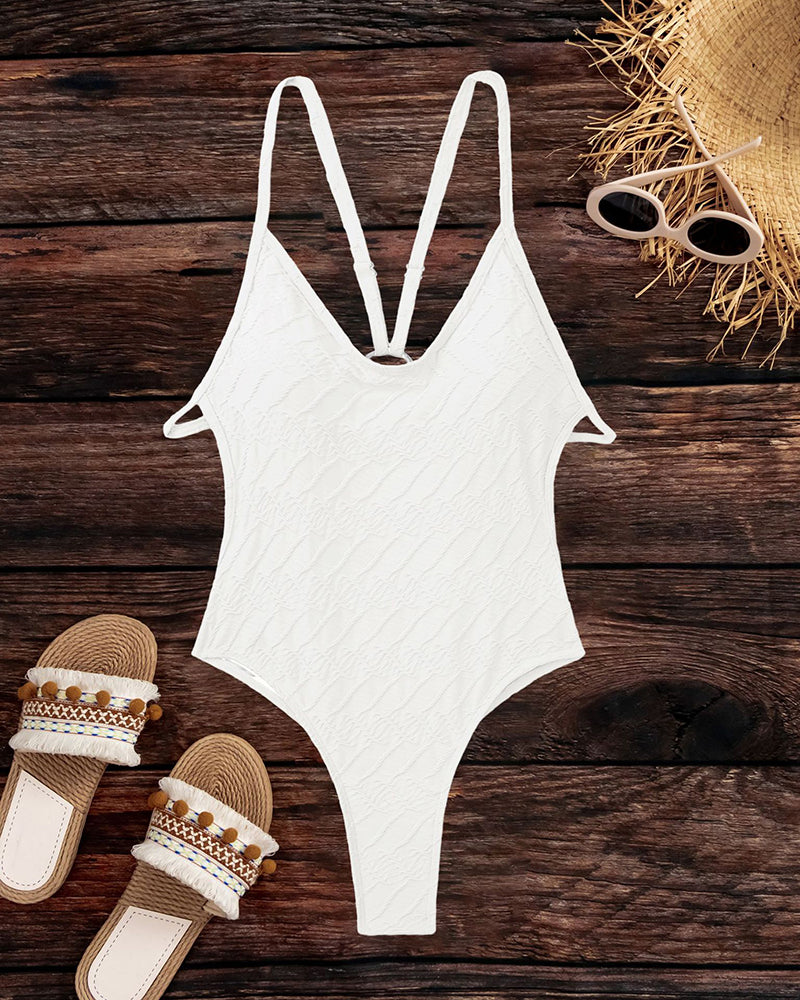 New V Neck Criss Cross Backless High Waist One-piece Swimsuit White Green Orange S-XL