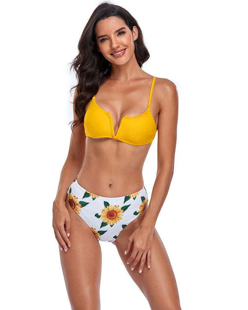 Women Strap V-Neck Printed Fashion Two-piece Swimsuit Sexy Bikini Yellow Black Green S-XL