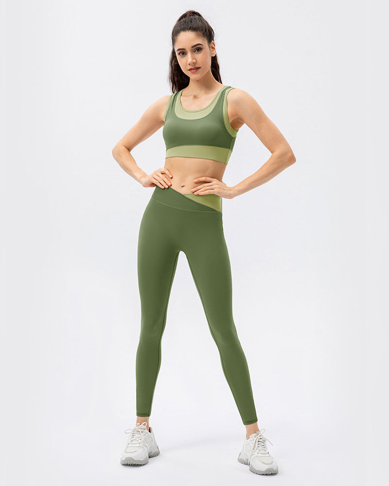 Women High Protect Colorblock High Waist Slim Leggings Sets Yoga Two Pieces Set Green Blue Red S-2XL Pants sets