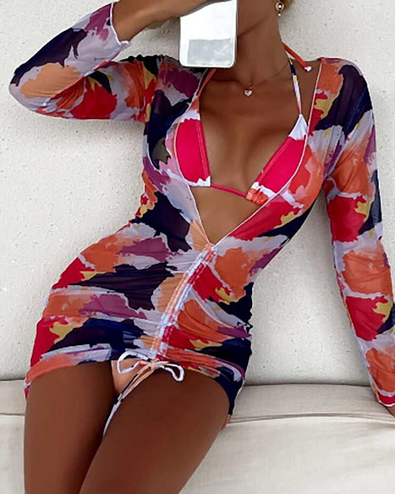 Lady Printing Halter Mesh See Through Tie Side String Three Piece Swimwear S-XL