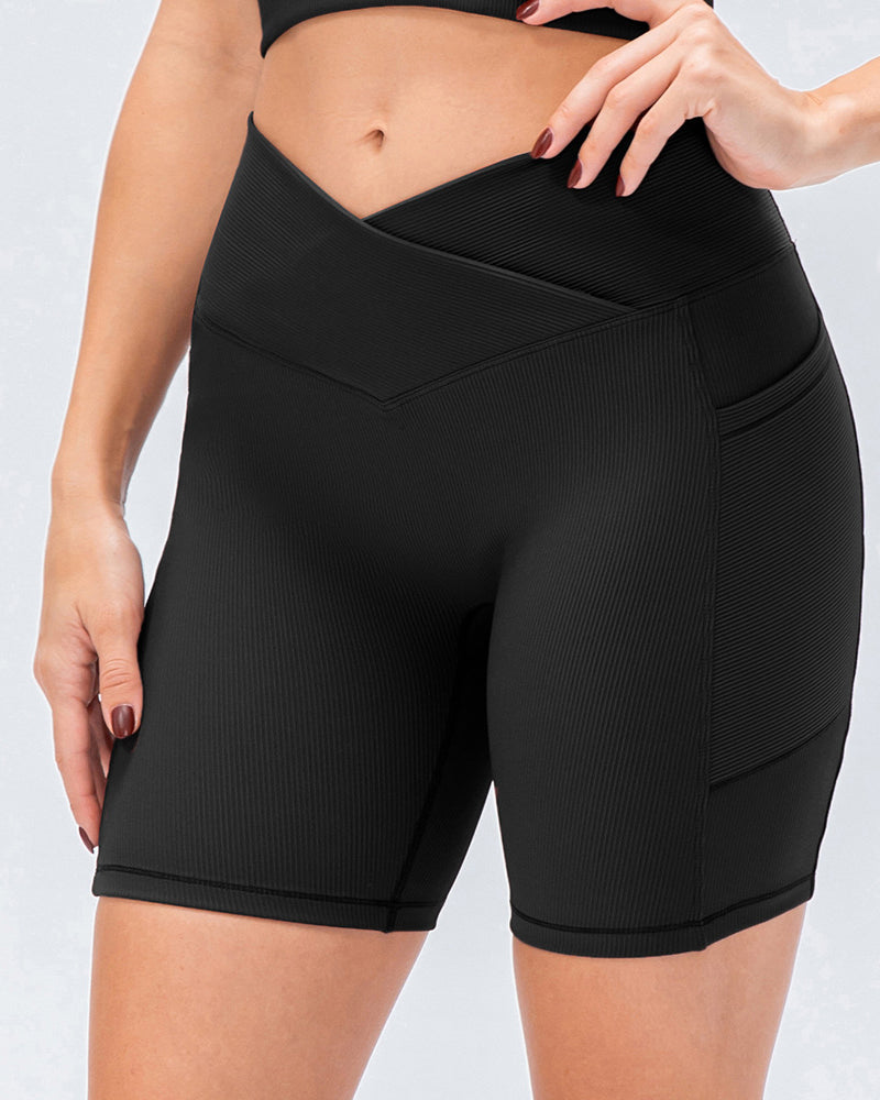 Women Wrap V Waist Sports Shorts with Side Pocket XS-2XL