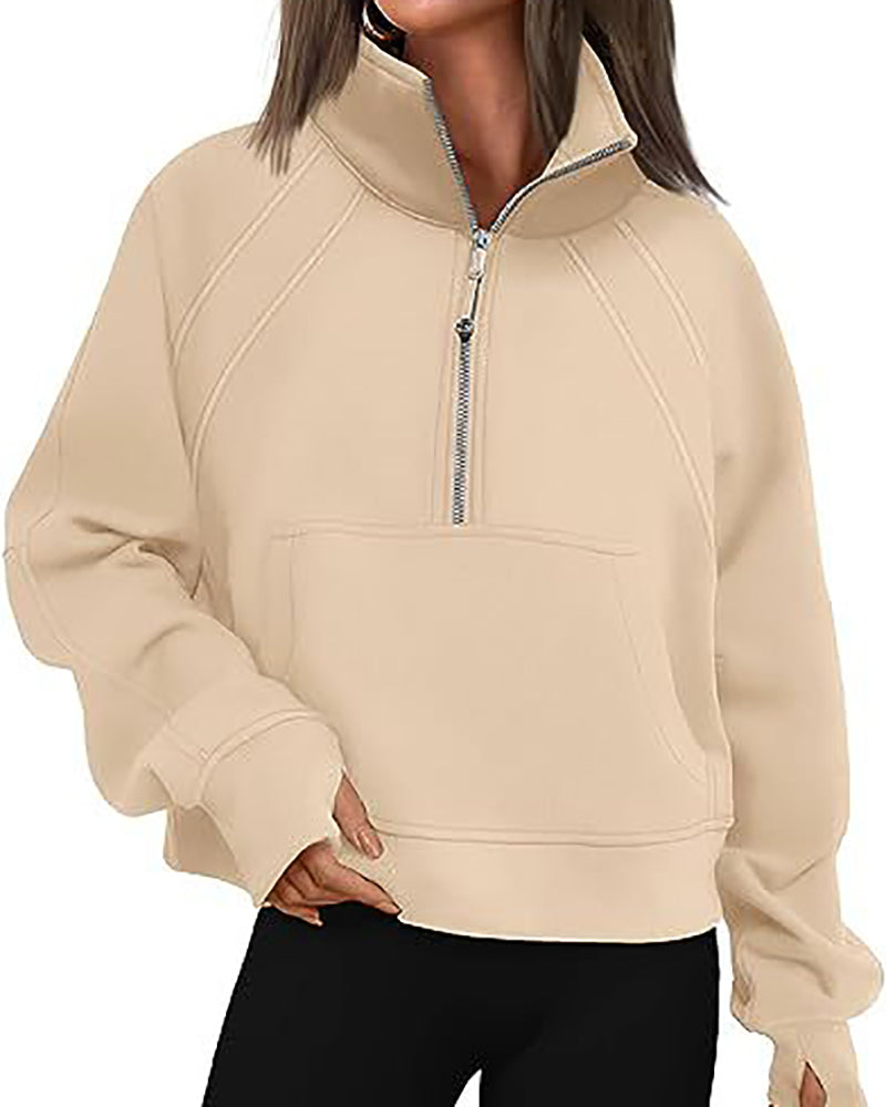 Half Zipper Long Sleeve Pocket Sweater Stand Neck Pullover Top S-XL