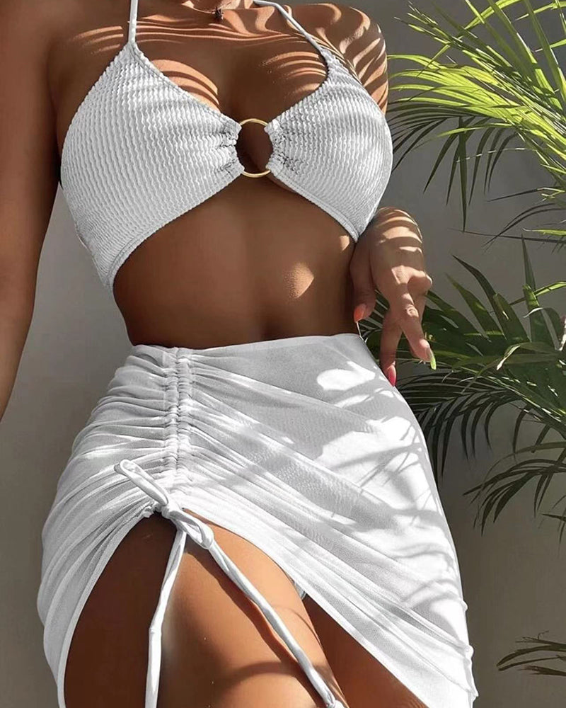 Lady Halter Solid Color Halter Three Piece Swimwear White Black Blue S-L