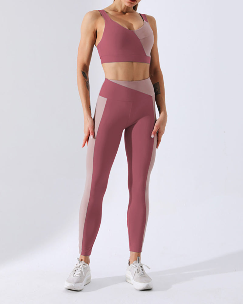 New Contrast Color Stitching Fitness Suit Long Sleeve Yoga Suit Sports Fitness Suit Two Piece Set S-XL