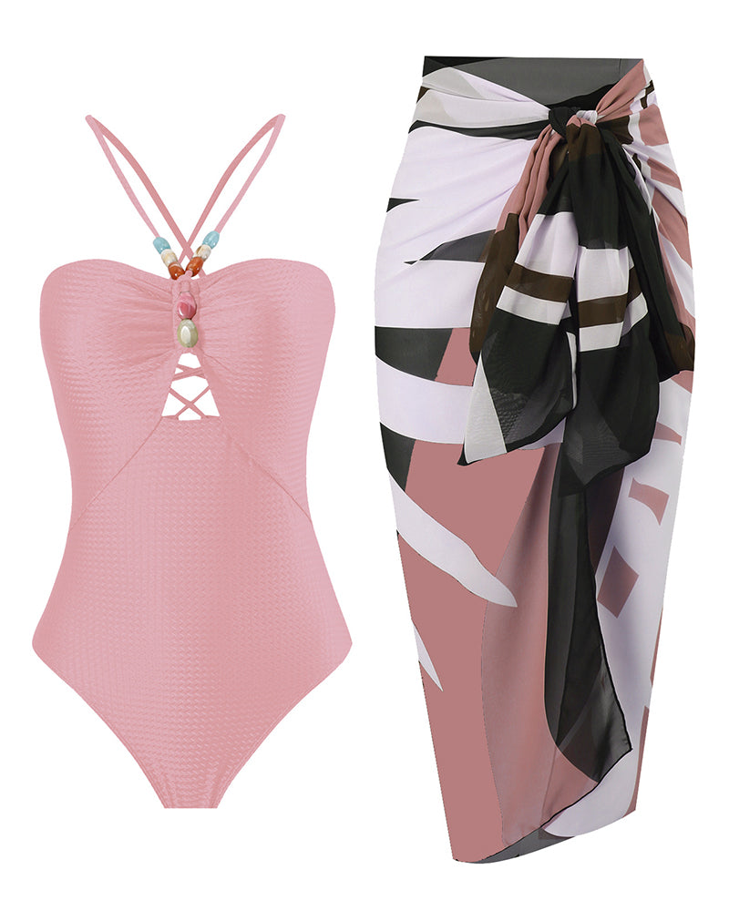 Hollow Out Strappy Swimwear Fashion Printing Summer Beach Cover Up Two-piece Swimsuit S-XL