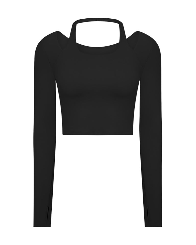 Solid Color Slim Long Sleeve Halter Neck Women Sports Yoga Crop Top Black Pink White Red 4-12