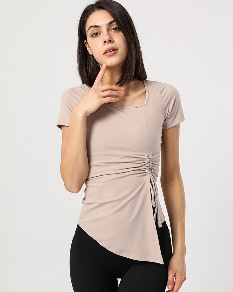 New Women Short Sleeve Square Neck Side Drawstring T-shirts Beige Gray Khaki Blue Orange S-XL