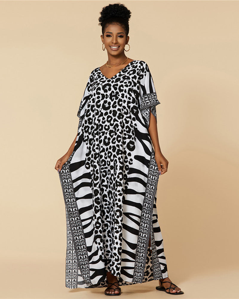 Popular V-neck Leopard Snake Zebra Printed Swimsuit Covers Maxi Dress One Size