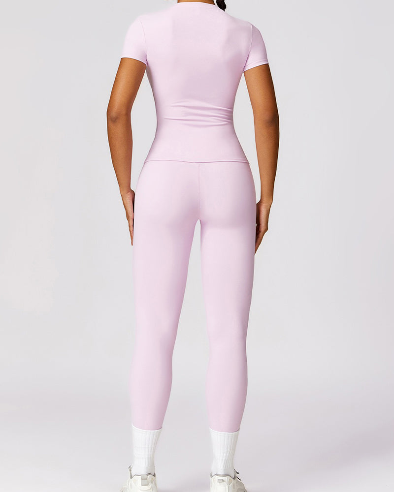 Women Short Sleeve T Shirt High Waist Slim Yoga Sports Pants Two Piece Sets S-XL