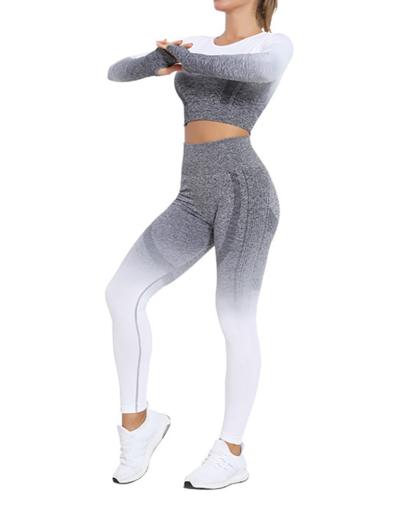 New Women Long Sleeve Gradient Sports Yoga Fitness Two-piece Sets S-L Pants Sets