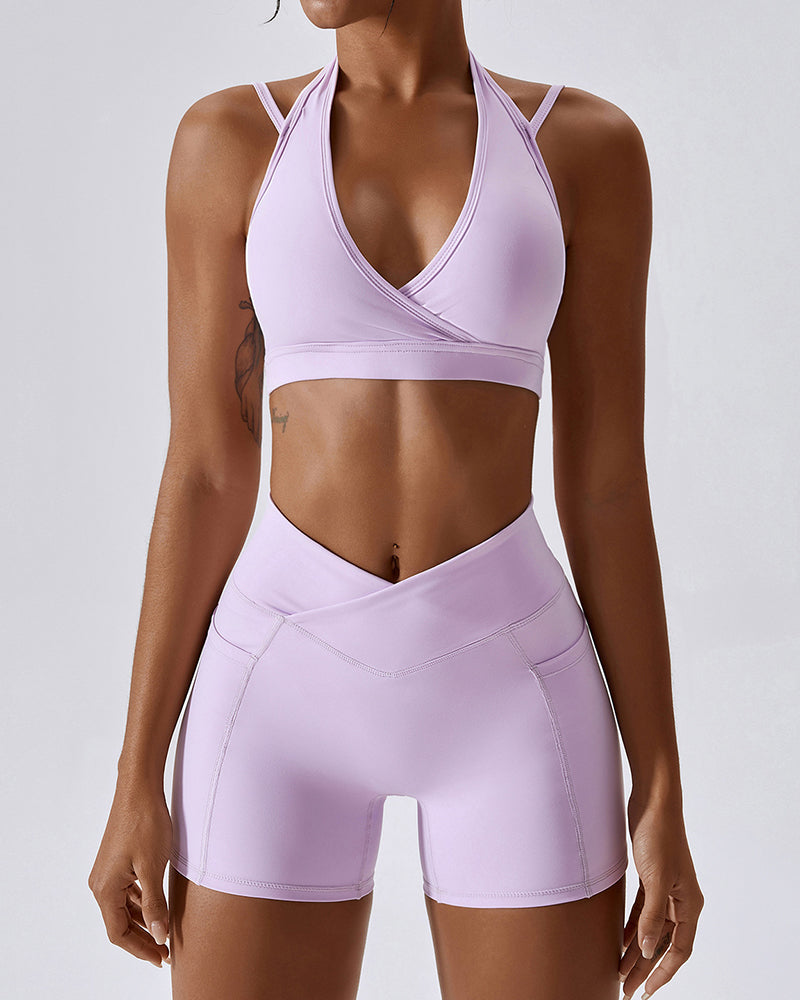 Deep V Neckline Halter Straps Thin Strap Cross Cross Waist No Embarrassing Lines Side Patch Pockets Yoga Two Piece Sets 8-14 Shorts Sets Pants Sets