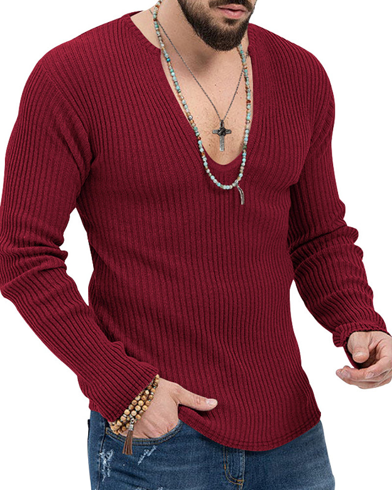 Mens Autumn Winter Long Sleeve Solid Color Knit Sweater Black Khaki Blue Apricot Mid Gray Red White S-3XL