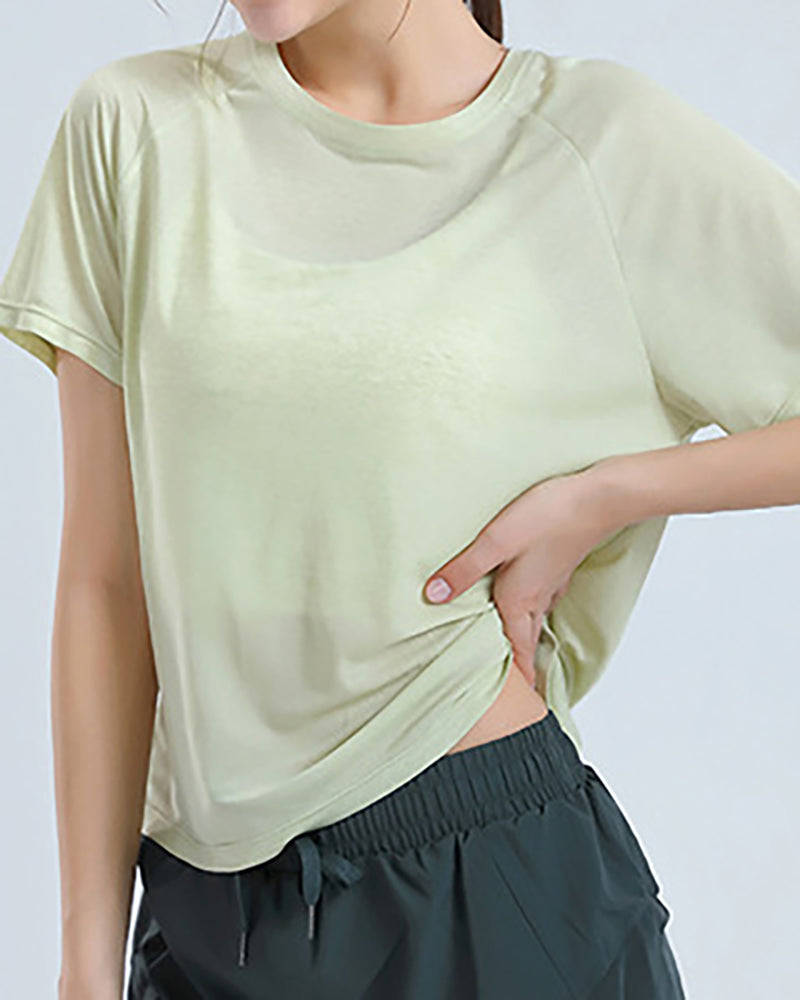 Women Short Sleeve Sheer T-short Yoga Sport Quick Dry Breathable Tops Green White Gray Pink S-XL