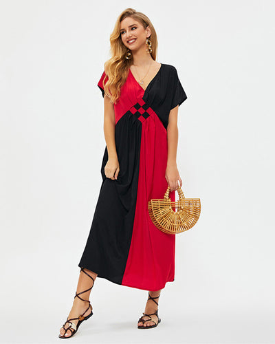 Women Short Sleeve Colorblock Maxi Loose Beach Dresses Black Red One Size