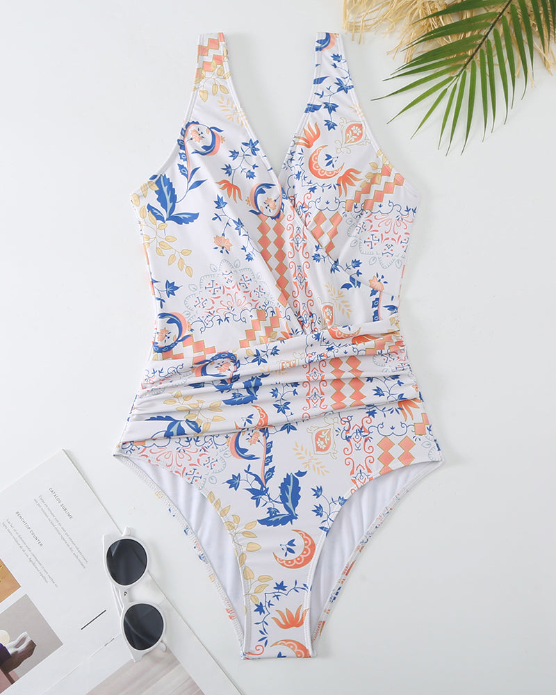 Boho Summer Sexy Printed V Neck Cover Up Two-piece Swimsuit S-XL