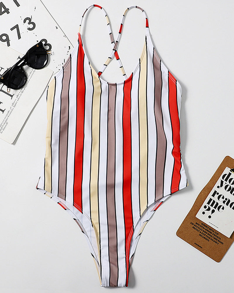 Woman Stylish Multicolor Stripe High Cut One-piece Swimsuit Green Purple Orange S-XL YY10019