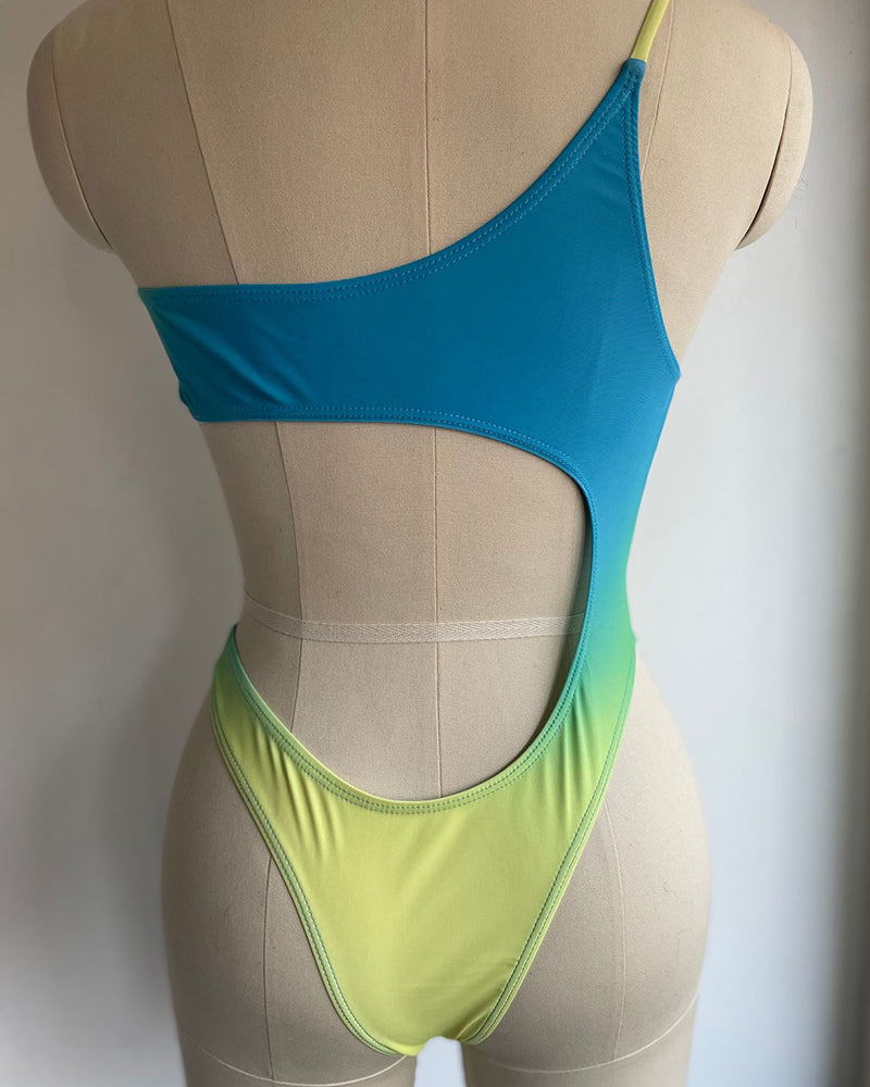 2022 Gradient Hollow Out One Shoulder High Cut Lady Plus Size One-piece Swimsuit Yellow Green Purple Blue S-4XL