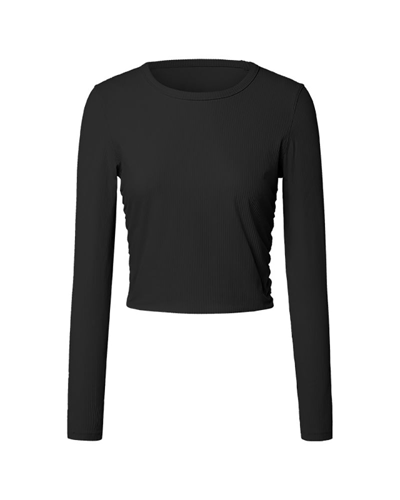 Long Sleeve Knit O Neck Ruched Waist Line Sports Top 4-12