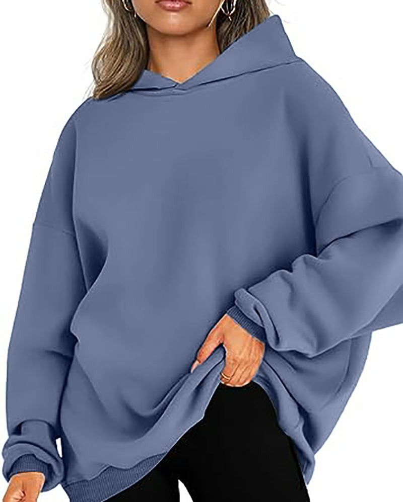 Women Long Sleeve Solid Color Hooded Loose Pullover Tops S-XL