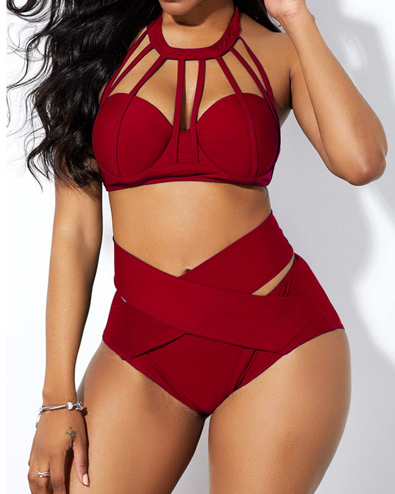 High Waist Solid Color Neck Front Cross Two-piece Swimsuit