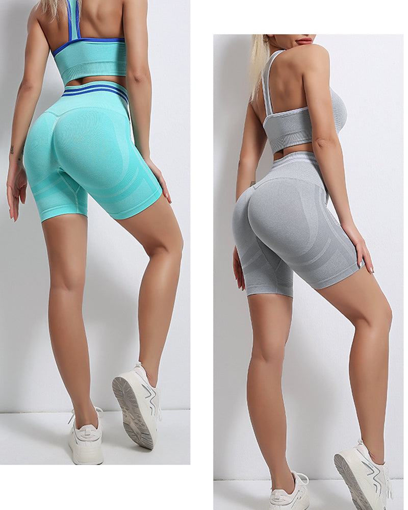 Woman Seamless Knitted Beauty Back High Waist Peach Hip Sports Running Two-Piece Yoga Suit S-L