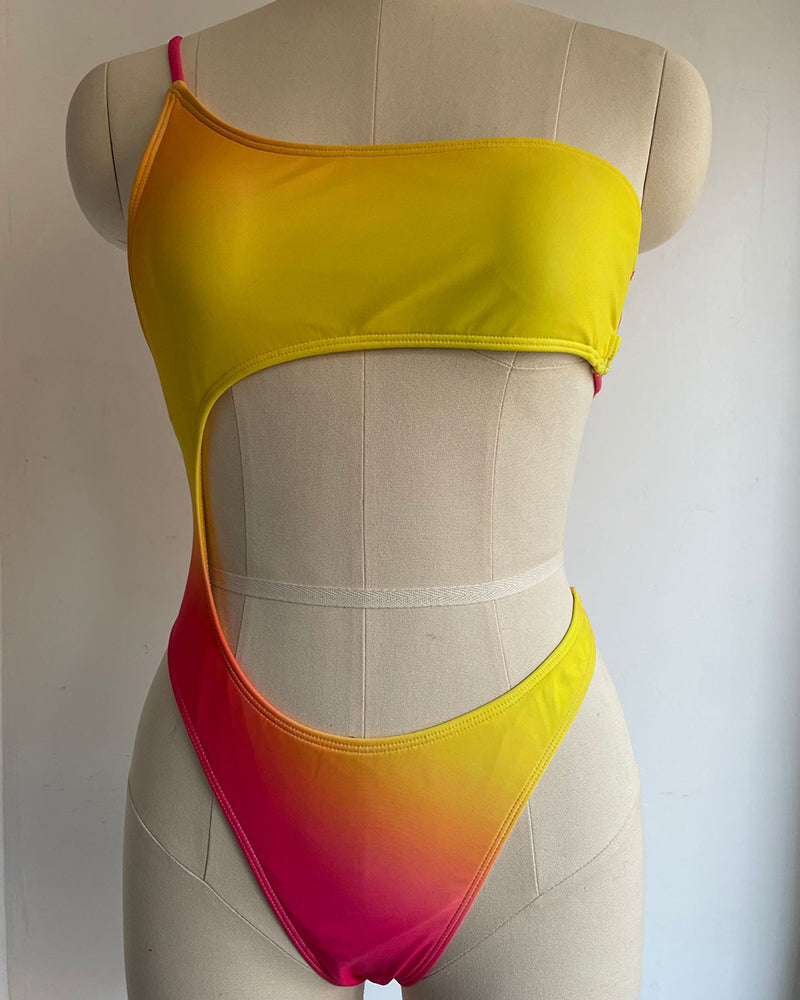 2022 Gradient Hollow Out One Shoulder High Cut Lady Plus Size One-piece Swimsuit Yellow Green Purple Blue S-4XL