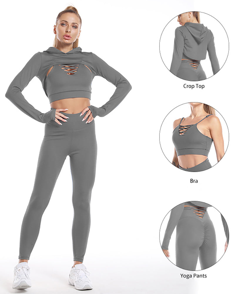 Women Solid Color Long Sleeve Strappy Yoga Three Piece Set Black Blue Grey S-XL