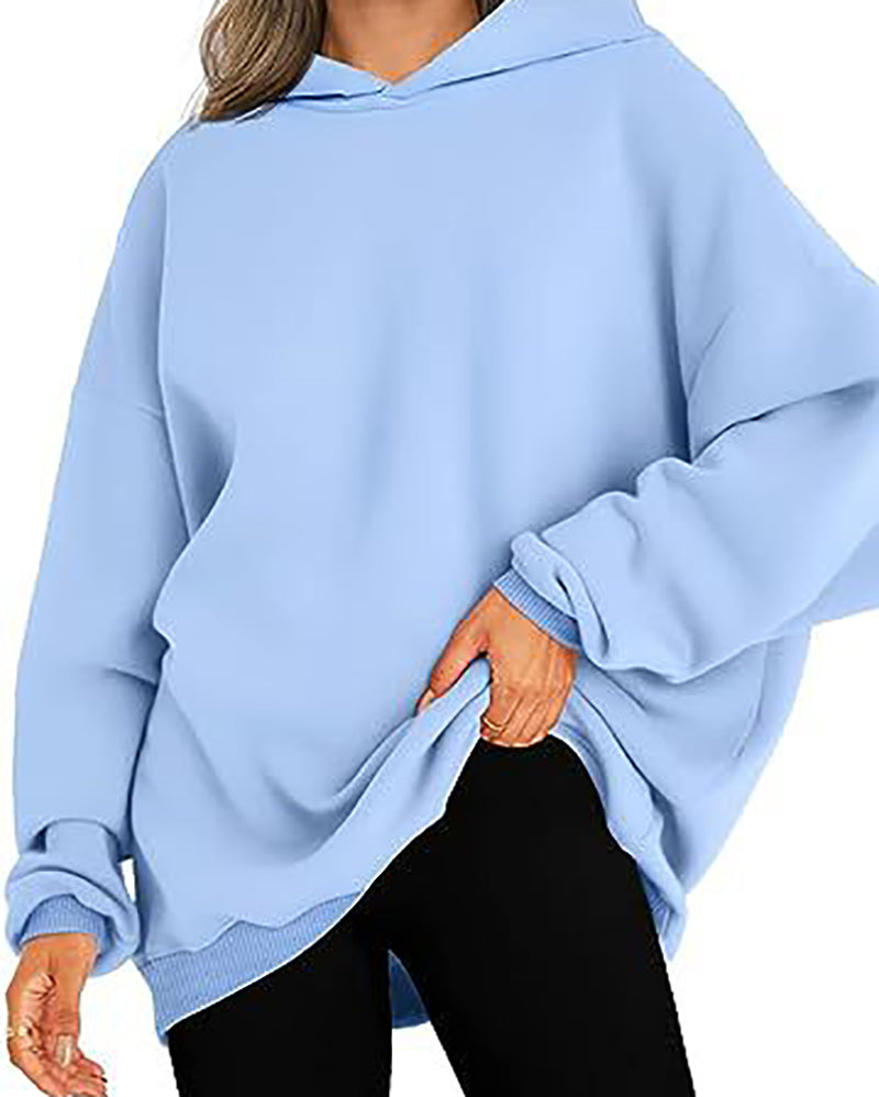 Women Long Sleeve Solid Color Hooded Loose Pullover Tops S-XL